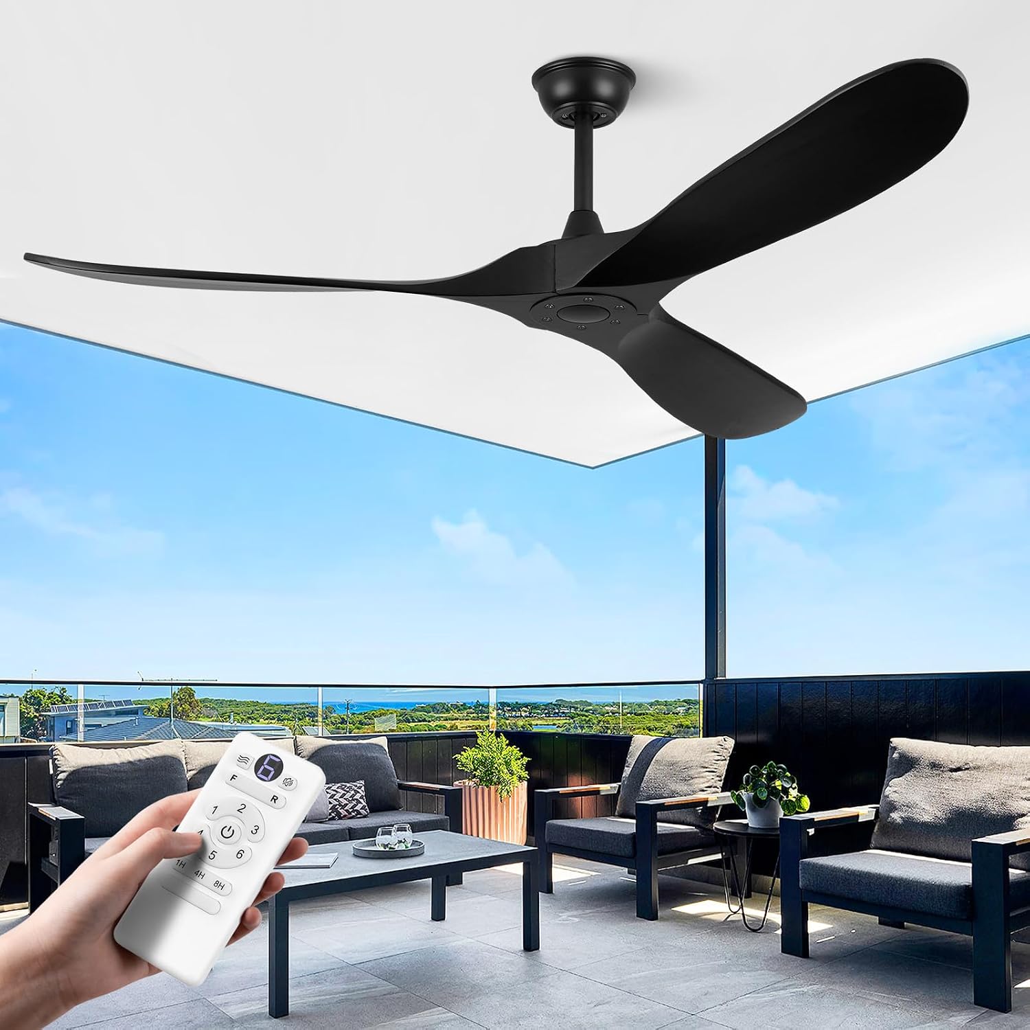 ABZ Ceiling Fans without Lights - 60 Inch Ceiling Fan no Light, Black 3 Blade Solid Wood Indoor Outdoor Ceiling Fan with Remote Control for Patios Living Room Bedroom