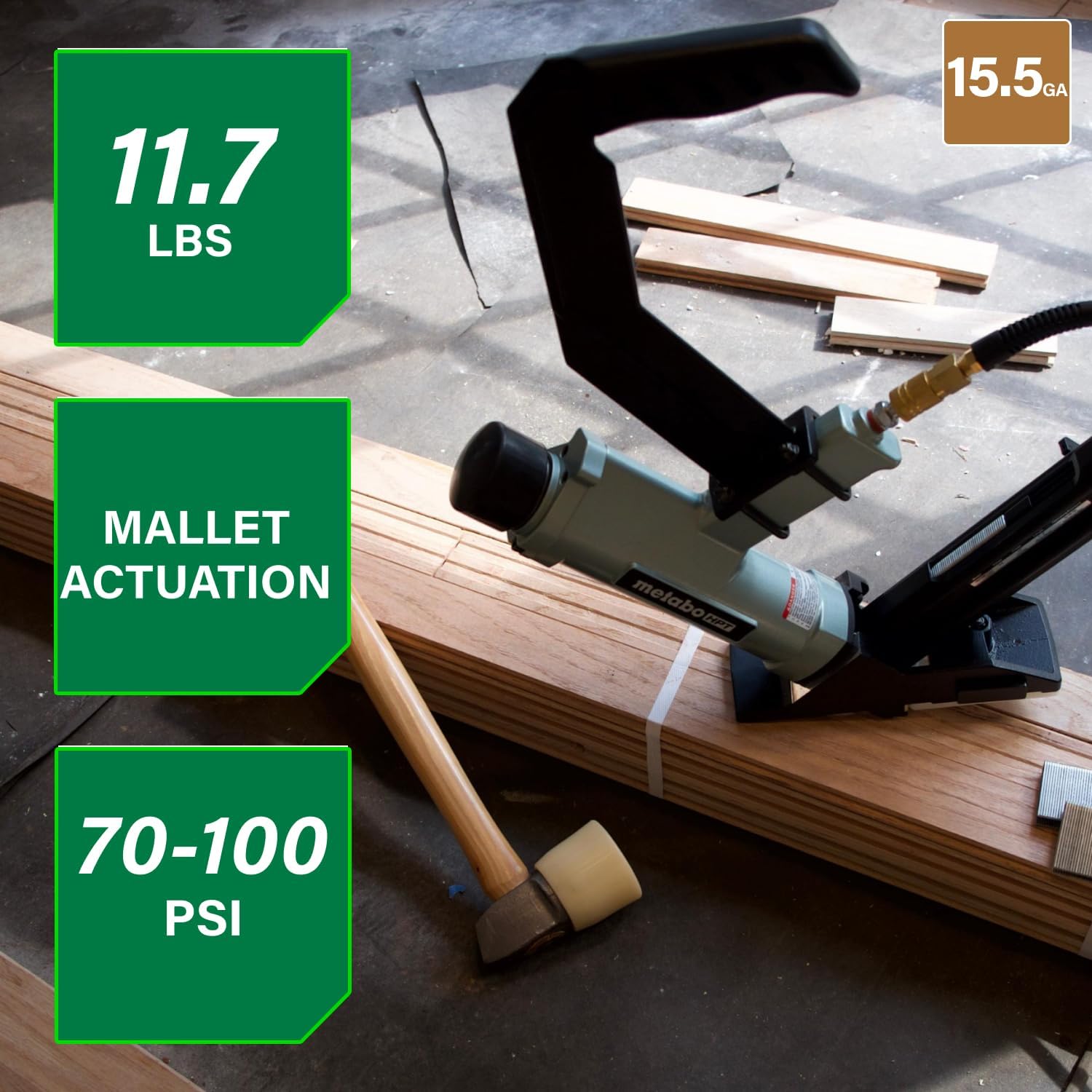 Metabo HPT 2-in-1 Flooring Nailer & Stapler, Accepts 16-Gauge L-Shaped Cleat Nails &15.5-Gauge 1/2-Inch Crown Flooring Staples, Mallet Actuated Pneumatic Operation, N5010AC