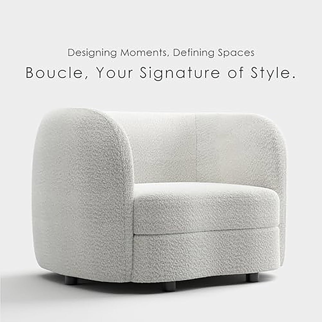 Furniture of America Nimiane Modern Boucle Barrel Chair with Curved Arms and Wooden Legs, Fabric Upholstered Armchair, Comfy Sofa Chair for Living Room, Bedroom, Home Office, Off-White