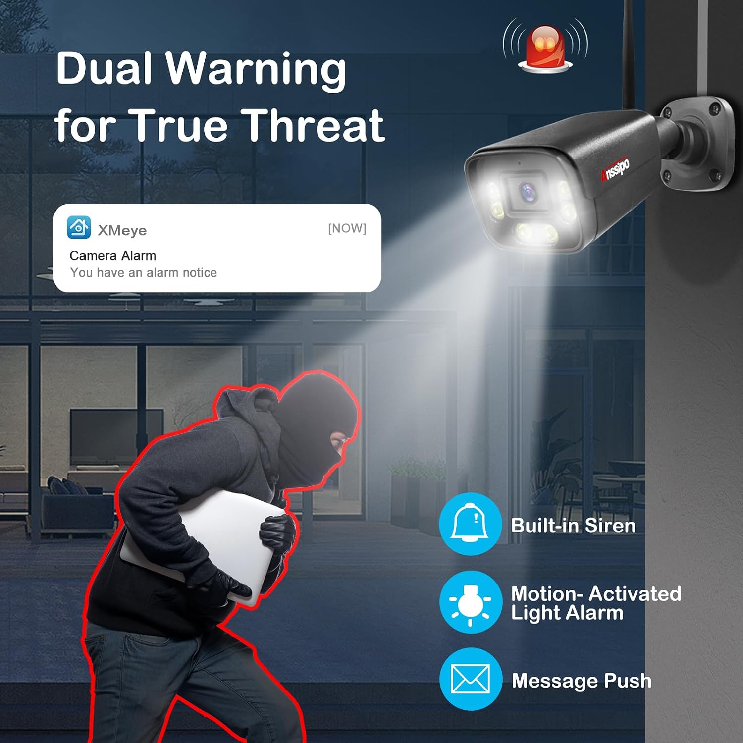 Dual Warning 4K Security Camera System, 4pcs Plug in Surveillance Camera for Outdoor Indoor House 24/7 Recording, AI Detection, Color Night Vision, 2 Way Audio, 8CH WiFi NVR with 1TB HDD