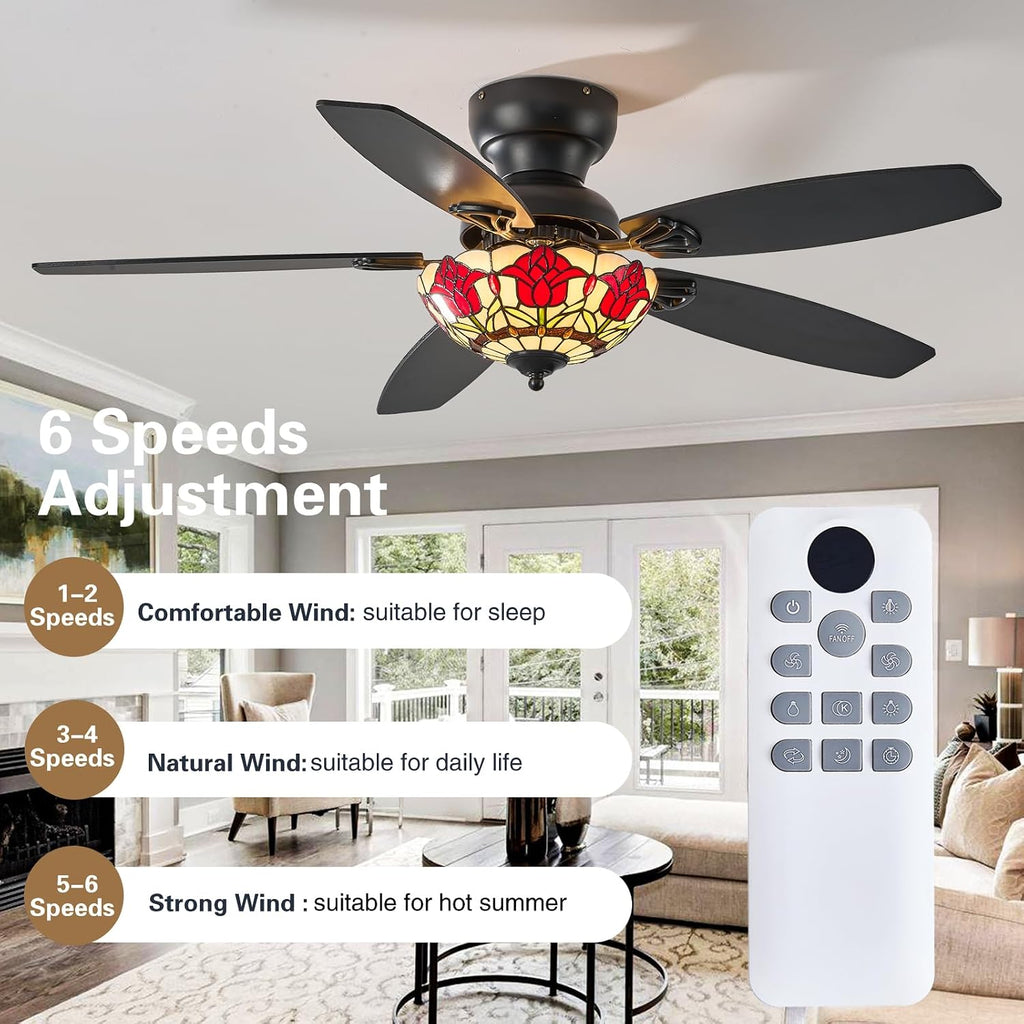 Tiffany Ceiling Fans with Lights - 48' Ceiling Fan Chandelier with 5 Dual-Blades and Glass Shade, 6 Speeds and Reversible, Indoor and Outdoor, Retro Style
