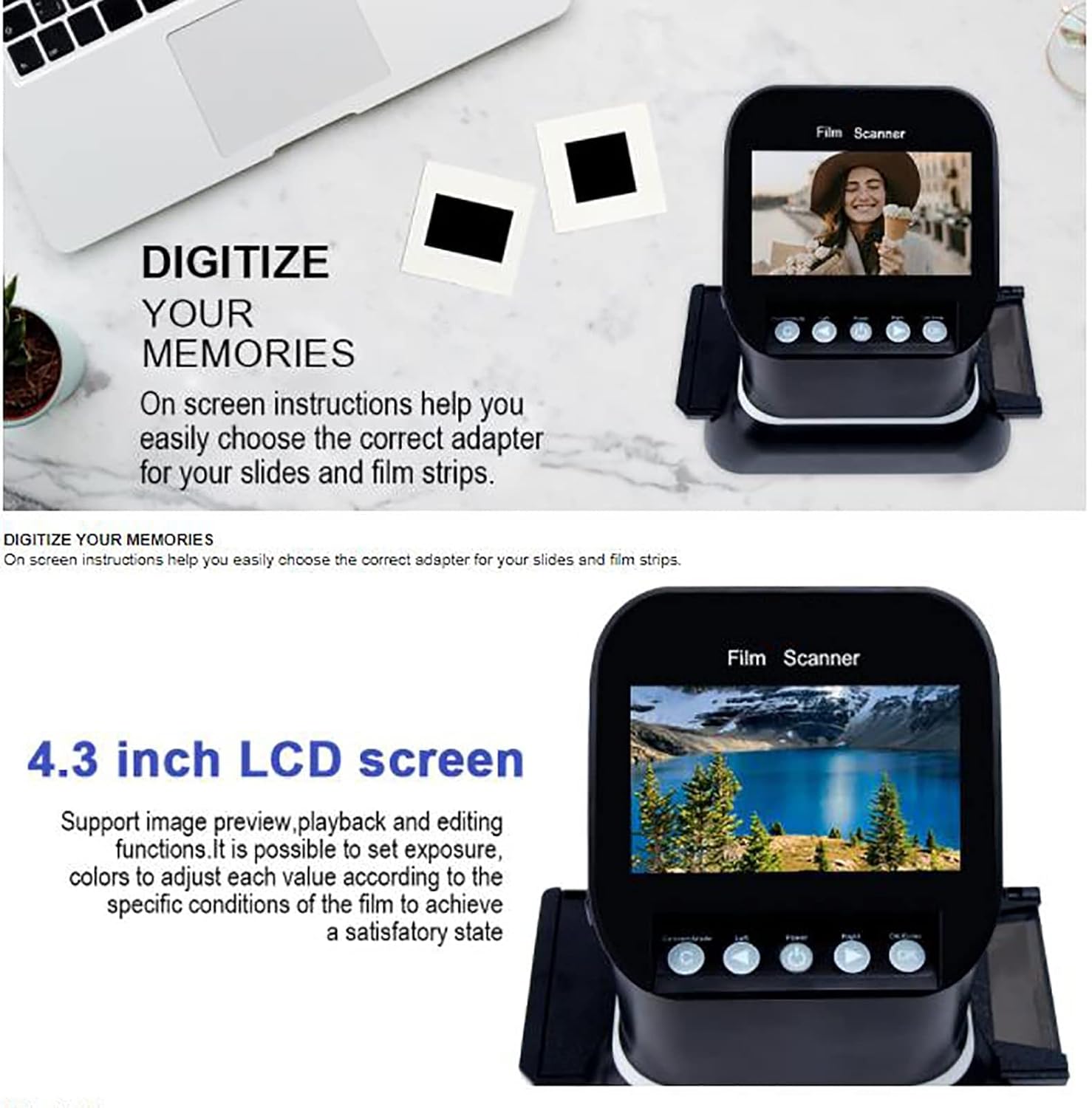 Film Slide Scanner, Digital Film Converter with 4.3'LCD Screen, 120 High Resolution Film Scanner, Convert 35Mm, 135, 126, 127 Negative & Slides to Digital JPEG
