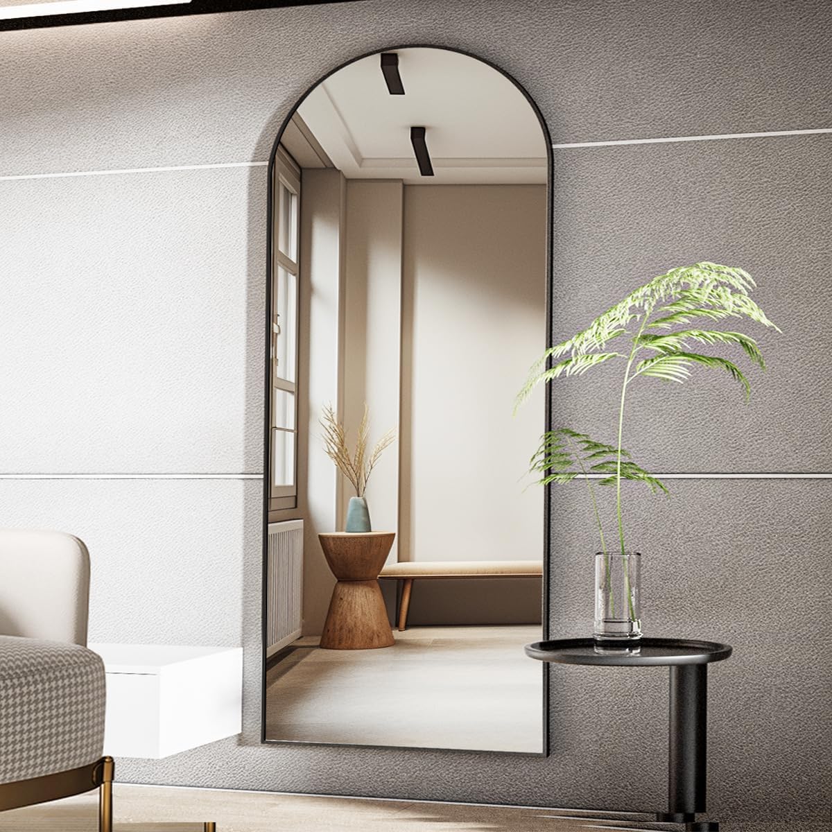 Koonmi Arched Full Length Mirror, 65'x24' Arched Black Floor Mirror, Standing Hanging or Leaning Full Body Mirror with Aluminum Alloy Frame for Living Room and Bedroom
