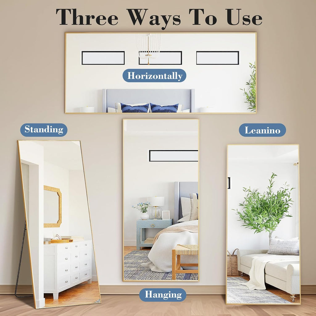 DUMOS 26'x68' Full Length Mirror with Stand, Floor Standing Aluminum Frame, Shatter-Proof Nano Glass for Bedroom, Living Room, Cloakroom – Modern Simple Home Decor,Can Be Hanging or Leaning, Gold