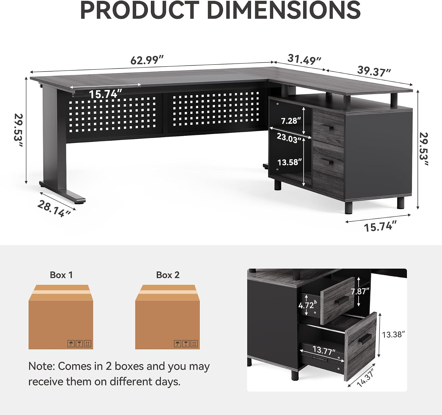 LITTLE TREE Large Computer Desk with File Cabinet, 63 Inch Executive Desk L Shaped Office Desk with Drawers and Storage Shelves, Business Furniture Desk Workstation for Home Office