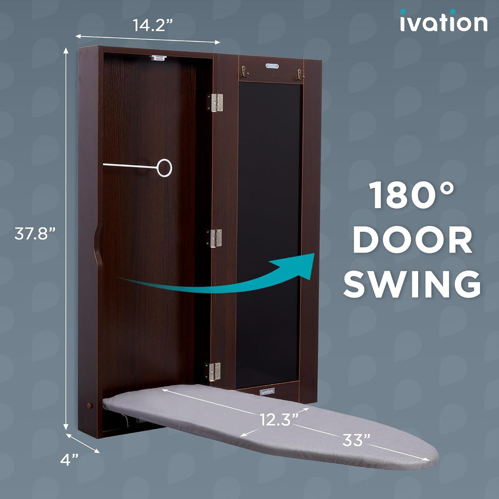 Ivation Wall-Mounted Ironing Board Cabinet, Foldable Ironing Storage Station for Home, Apartment & Small Spaces, Easy-Release Lever, with Miror Door, Walnut Color
