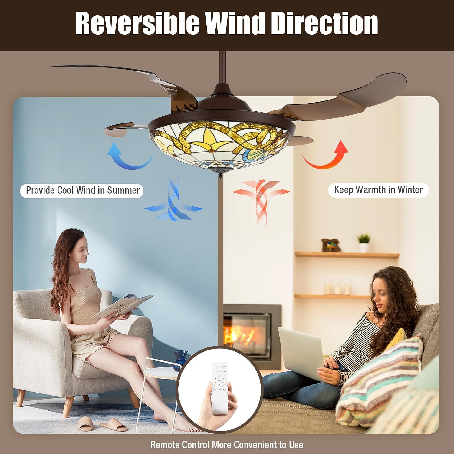 Retractable Fan Light, 42' Farm Ceiling Lighting with Remote Control, Led Dimmable Chandelier, Vintage Stained Glass Led Chandelier, Retractable Ceiling Fan for Cafe Bedroom.