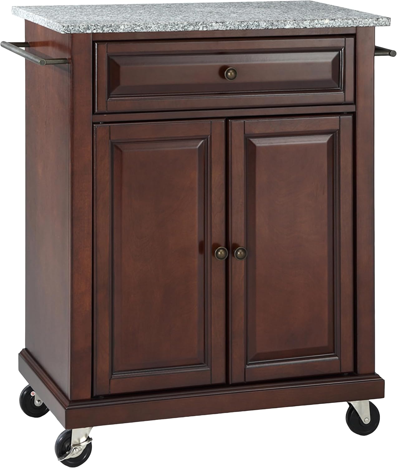 Crosley Furniture Compact Granite Top Small Rolling Cart with Shelves, Microwave Stand with Towel Rack, Mahogany