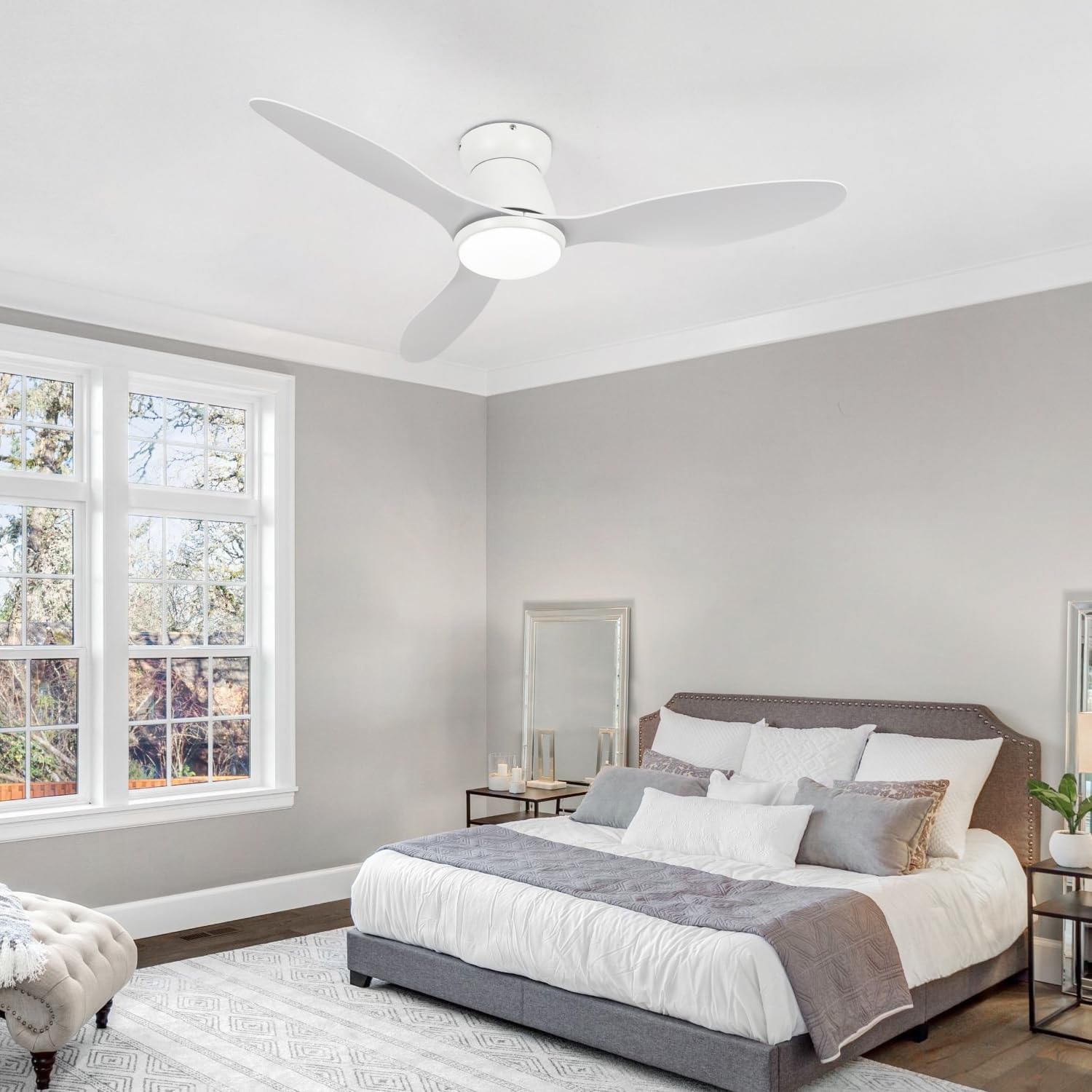 42' Smart Ceiling Fan with Lights - Alexa Compatible Quiet Dimmable LED 3000lm 6-Speed Reversible Ideal for Bedroom Kitchen & Living Room White Wood Grain Finish (White)