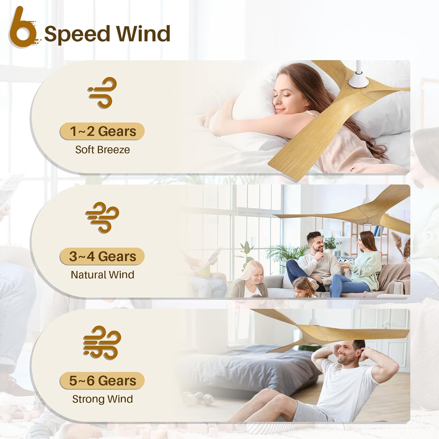 CACI Mall 52 Inch Propeller Ceiling Fan No Light, Remote Control, 6 Speeds Noiseless DC Motor, 3 ABS Blades, Indoor Outdoor Ceiling Fans for Living Room, Bedroom, Patio