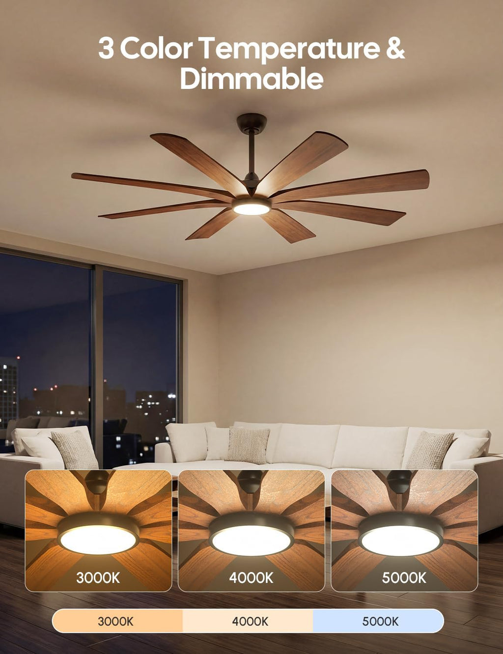 65 Inch Smart Outdoor Ceiling Fan with Lights, Alexa/App/Remote Control, 8 Solid Wood Walnut Blades Damp Rated, High 9876 CFM Quiet DC Motor, Farmhouse Style for Large Room Exterior Gazebo Patio