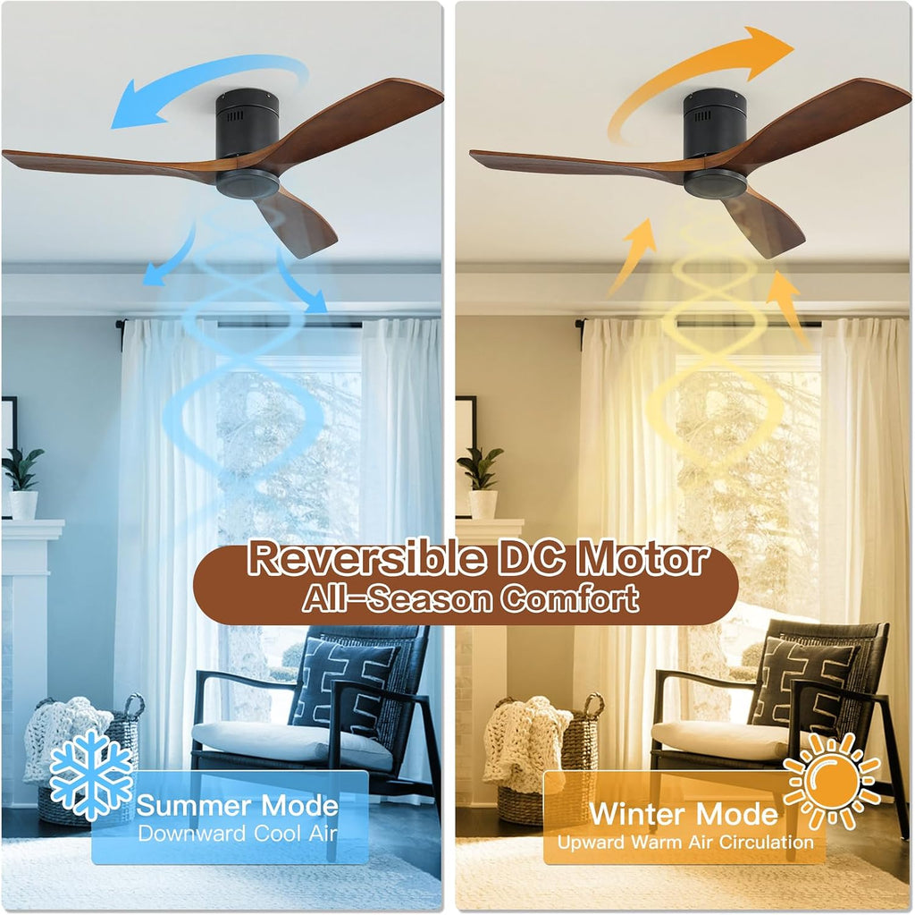 Sofucor 52' Low Profile Ceiling Fan with Remote Control, Outdoor Ceiling Fan No Light with 3 Walnut Blades, Multi-speed, Timer, Reversible DC Motor for Patio Living Room Bedroom Office Black