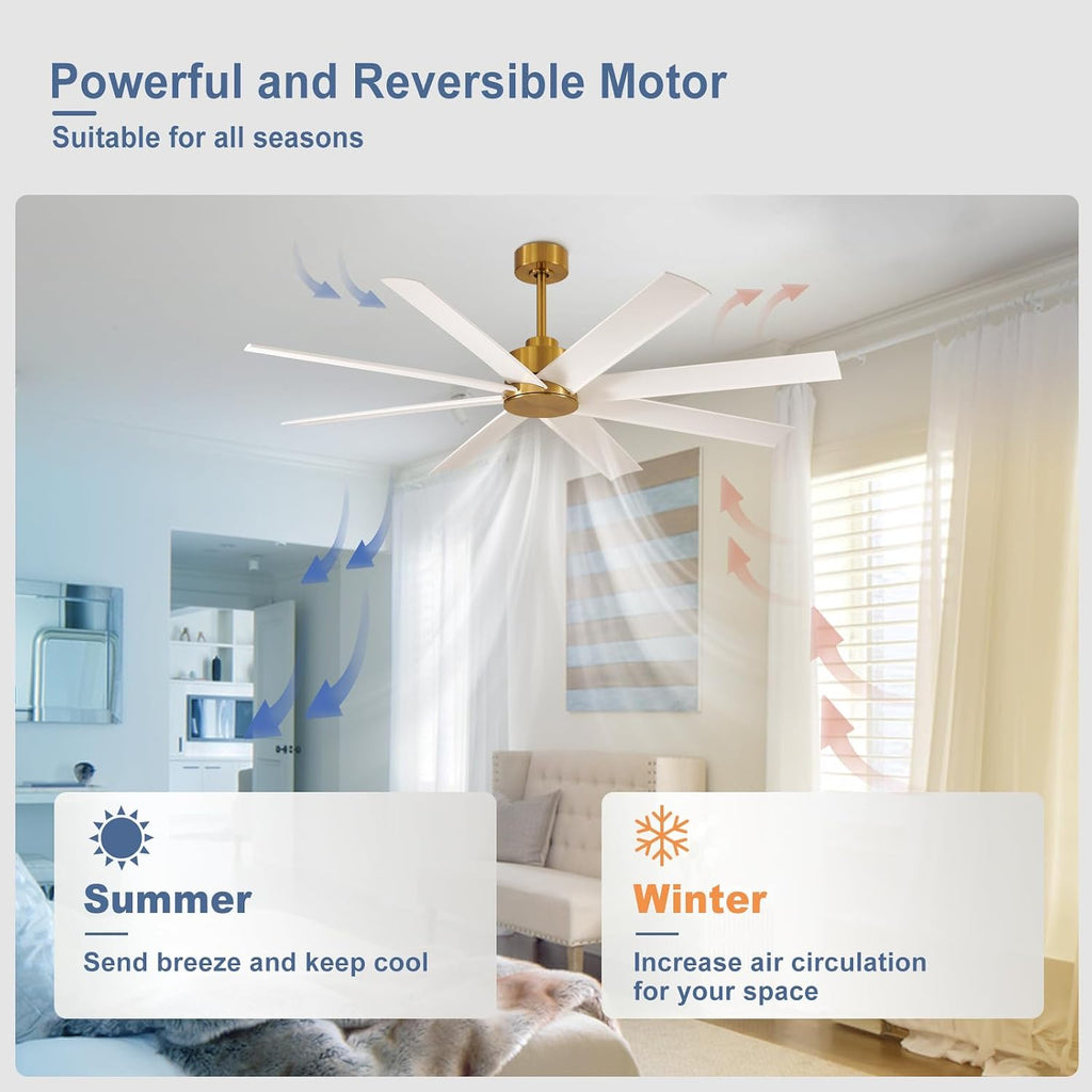 Farmhouse Ceiling Fan with Remote: 60' White and Gold 8-Blade 5-Speed Reversible DC Motor - Large Indoor/Outdoor Fan