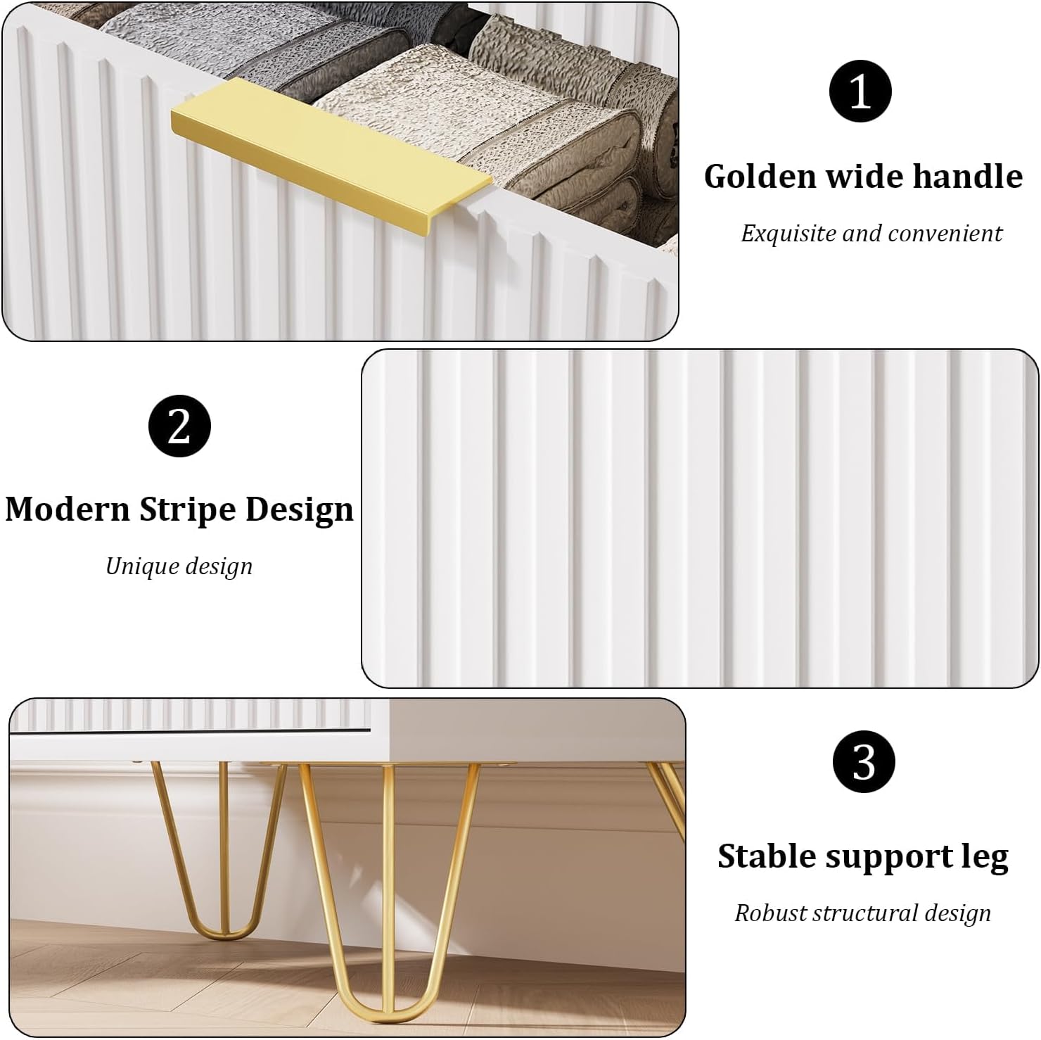 MAISONARIA White 3 Drawer Dresser for Bedroom, Modern Closet Dressers Chest of Drawers, Fluted Dresser Chest Cabinet with Gold Metal Handles, Nightstand for Bedroom, Living Room, Hallway, Entryway