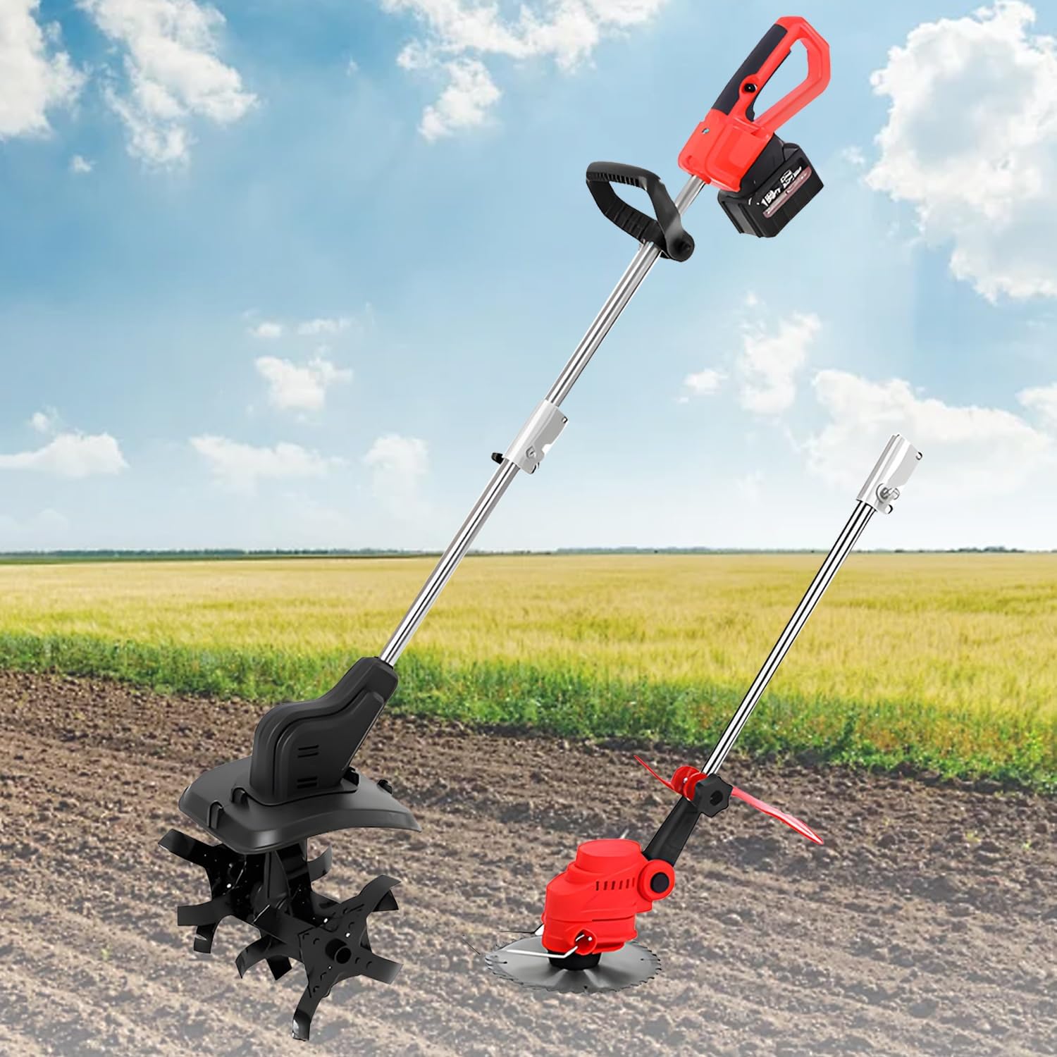 Cordless Tiller Cultivator, Battery Powered Garden Cultivator, Handheld Mini Tiller, with Battery Level Display, with 2×4/6 Ah Battery, for Vegetable Garden, Orchard,2×6AH