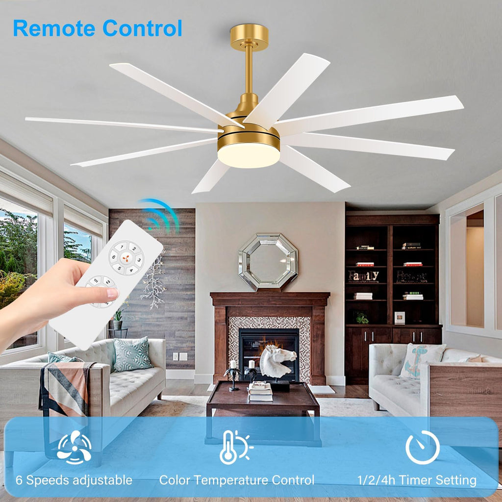 65 Inch Ceiling Fan with Lights and Remote, 8 ABS Blades, Quiet Reversible DC Motor, 6-Speed, Timer Function, 3 Color Led Light Chandelier, Industrial Ceiling Fans for Bedroom Office (Gold & White)