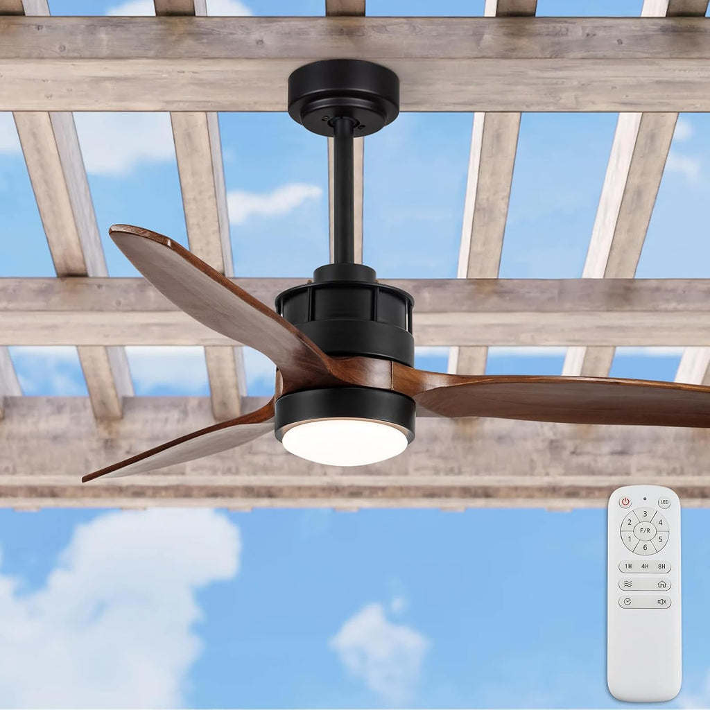 EKIZNSN 42 Inch Wet Rated Outdoor Ceiling Fan with Lights for Patios Waterproof Outdoor and Indoor use, DC Motor w 3 Reversible Walnut Wood Blades | Wet Rated Waterproof, DC Motor, 3 Reversible Walnut Wood Blades, Indoor and Outdoor Use