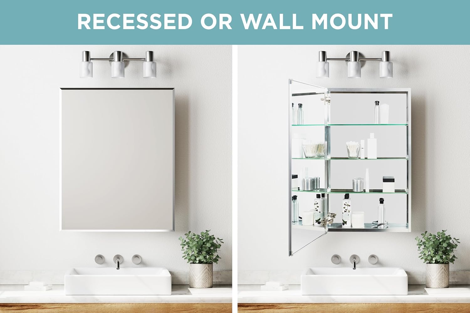 Zenna Home Bathroom Medicine Cabinet with Mirror, Frameless Bathroom Wall Cabinet with Rustproof Aluminum Body, 3 Adjustable Glass Shelves, Recessed or Surface Wall Mount Installation, 24 x 30 Inches
