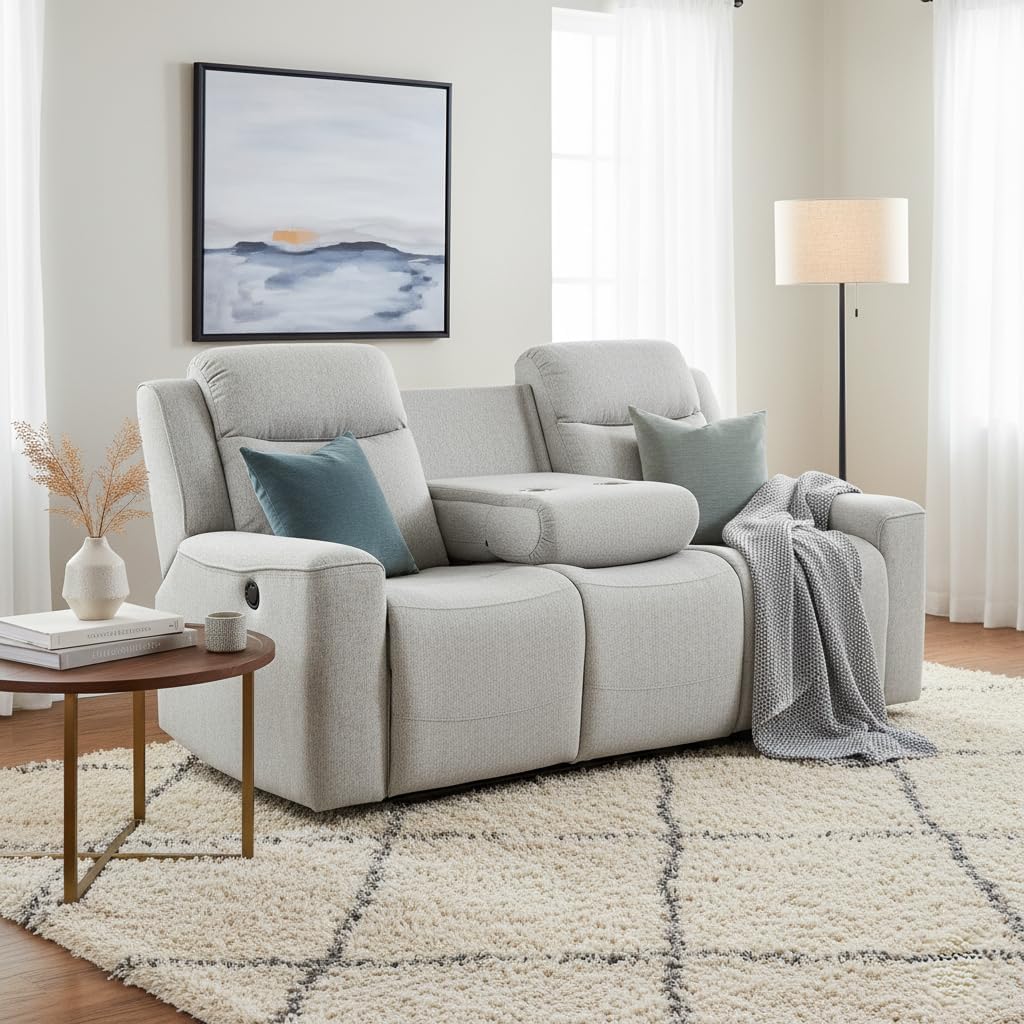 AC Pacific Amelia Upholstered Recliner Sofa with Dropdown Console and Cup Holders, Living Room Furniture with Stylish, Comfortable, and Versatile Design for Modern Homes, White