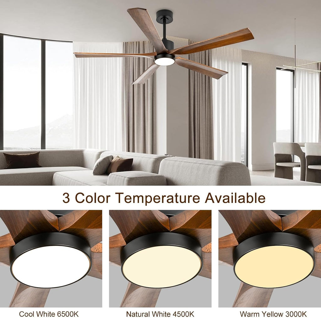 heimo 60 Inch Ceiling Fans with Lights and Remote T2, Wood Indoor Outdoor Ceiling Fan with Light for Patios Living Room Bedroom 5 Blades Large Mid Century Modern Waterproof Outside Fan (Walnut)