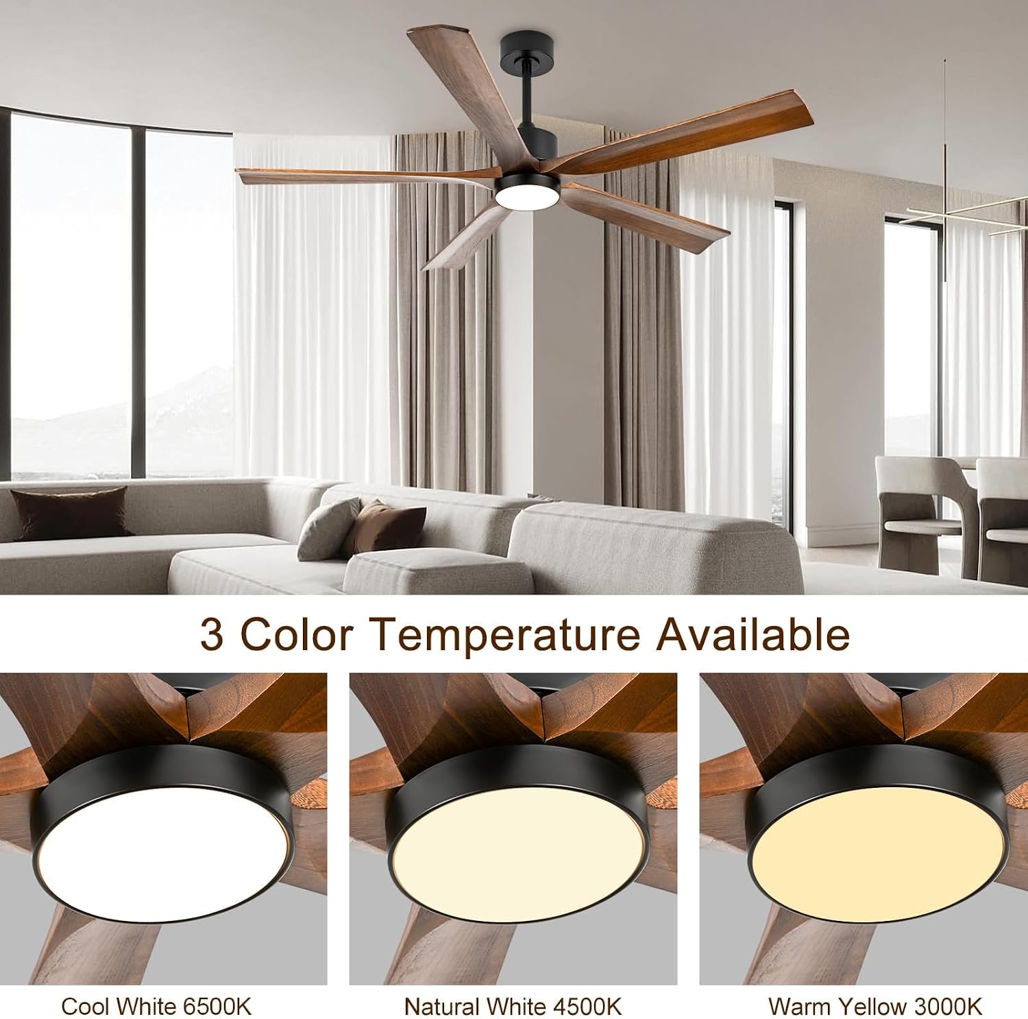 heimo 60 Inch Ceiling Fans with Lights and Remote T2, Wood Indoor Outdoor Ceiling Fan with Light for Patios Living Room Bedroom 5 Blades Large Mid Century Modern Waterproof Outside Fan (Walnut)