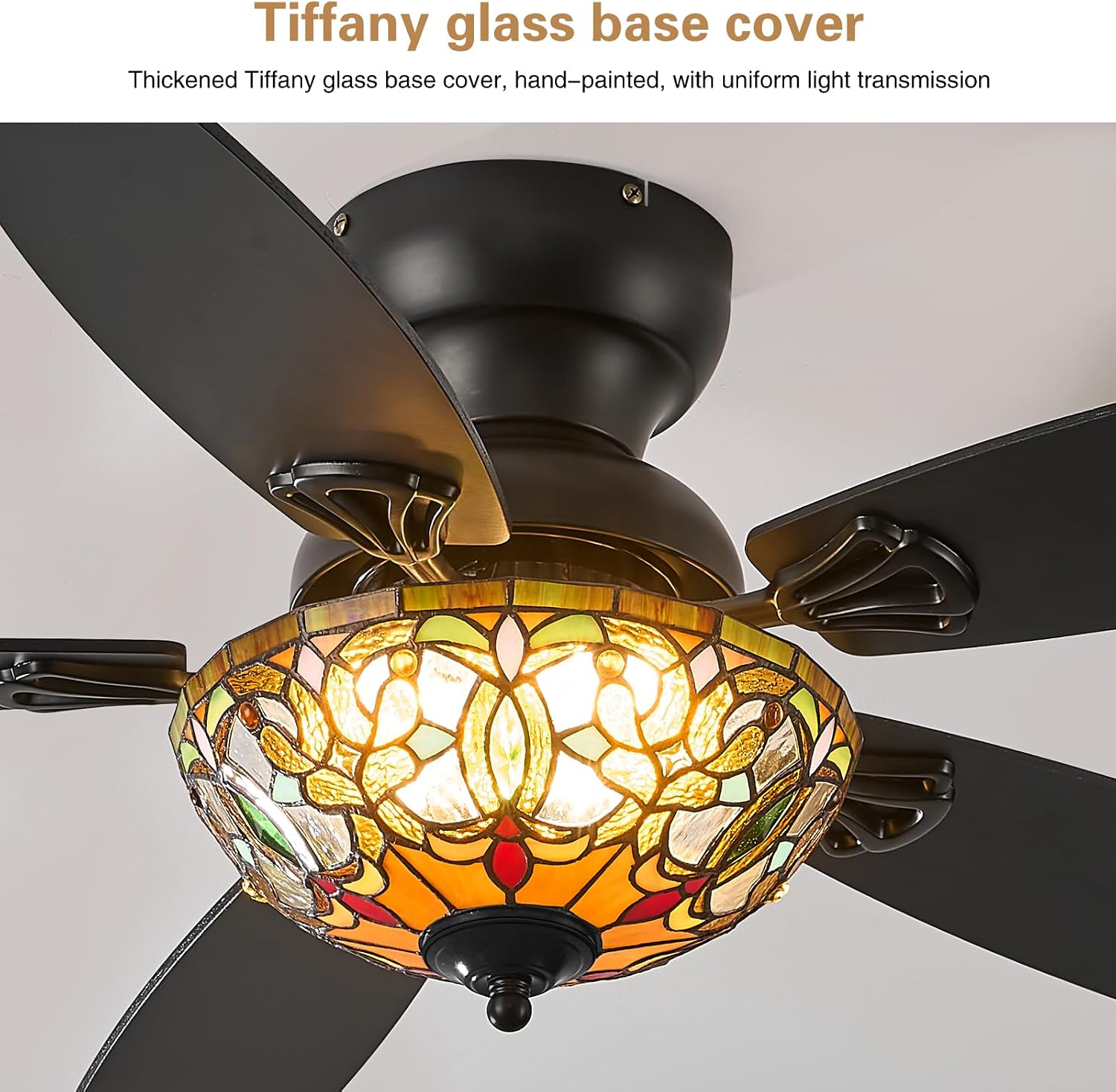 Tiffany Ceiling Fans with Lights - 48' Ceiling Fan Chandelier with 5 Dual-Blades and Glass Shade, 6 Speeds and Reversible, Indoor and Outdoor, Retro Style