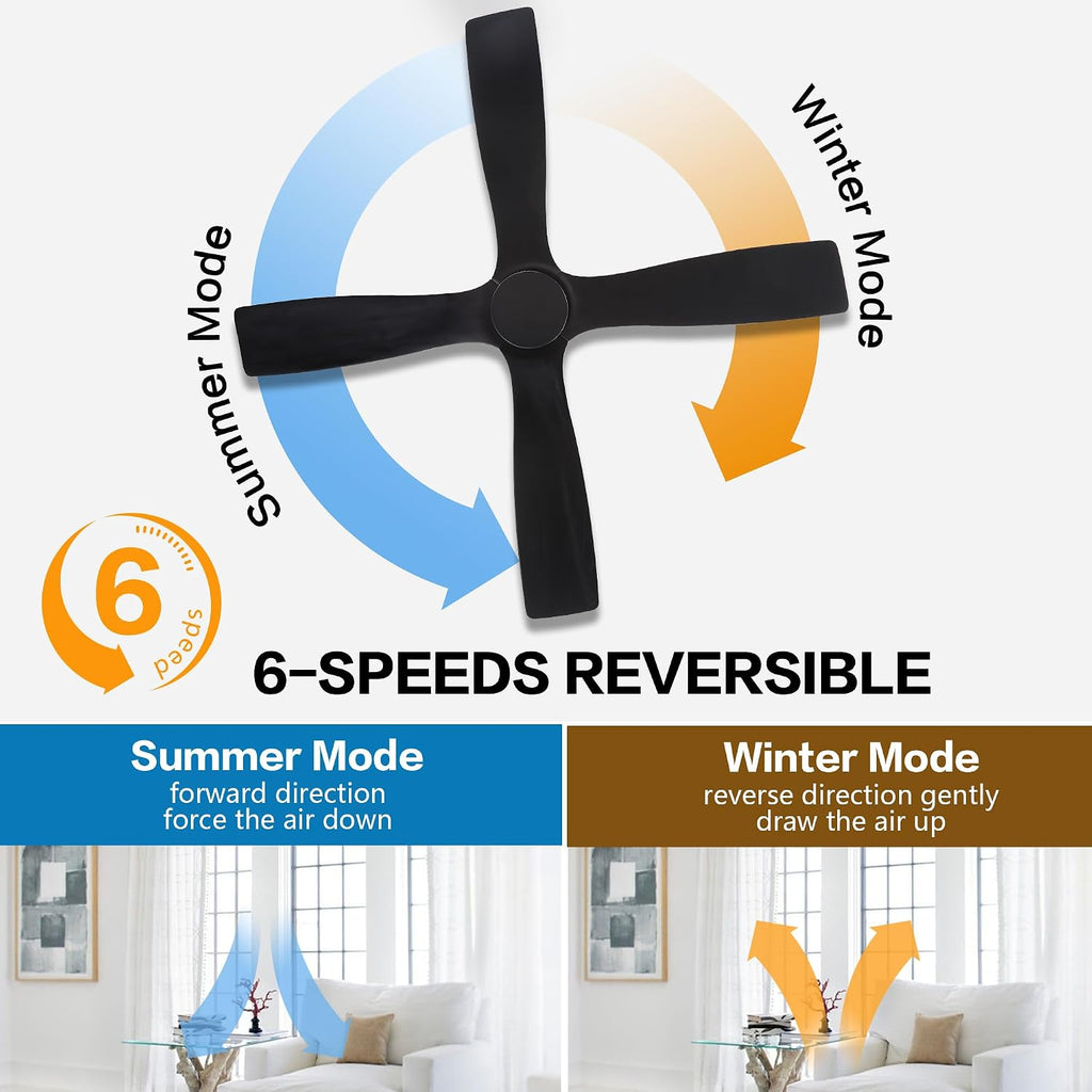 WINGBO 48' DC Ceiling Fan without Lights, 4 Carved Solid Wood Blades, 6-Speed Noiseless Reversible DC Motor, Modern Ceiling Fan No Light with Remote, Matte Black Finish with Black Blades, ETL Listed