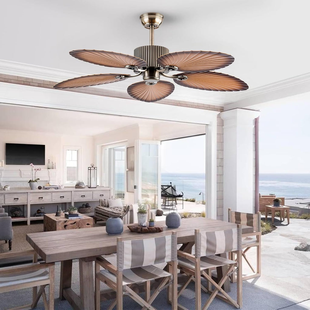 52inch Ceiling Fan Palm Island 5 Palm Leaf Blades No Light Remote Control Timer 6 Speeds Quiet DC Ceiling Fans Tropical Style Ceiling Fans Indoor Outdoor (Bronze+Coffee)