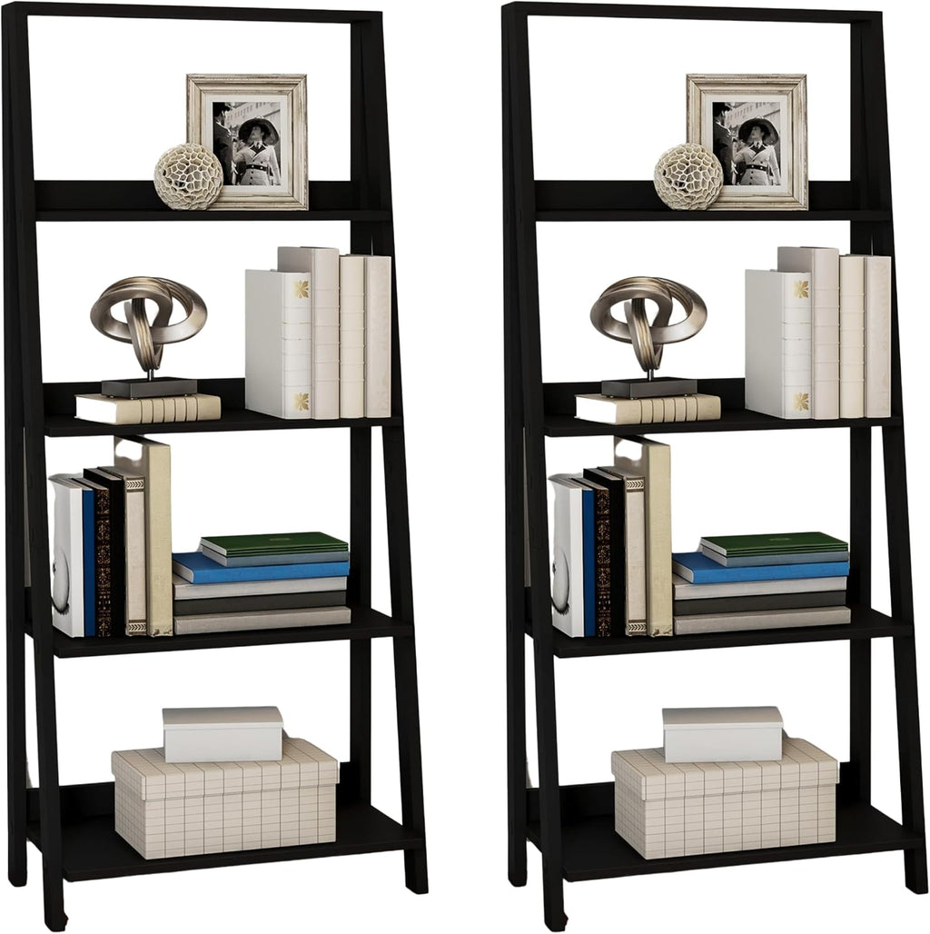 Lavish Home 4-Tier Ladder Shelf – Set of 2 Modern Freestanding Bookcases with Leaning Design for Storage & Display in Living Room, Bathroom, Kitchen or Home Office (Black)