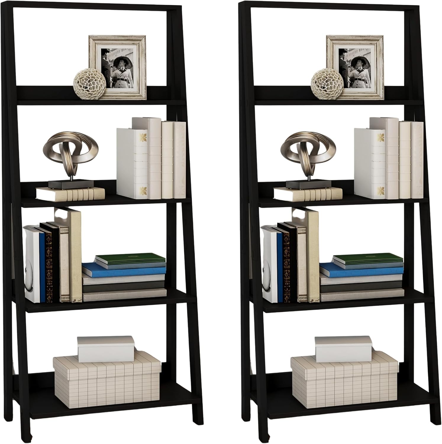 Lavish Home 4-Tier Ladder Shelf – Set of 2 Modern Freestanding Bookcases with Leaning Design for Storage & Display in Living Room, Bathroom, Kitchen or Home Office (Black)