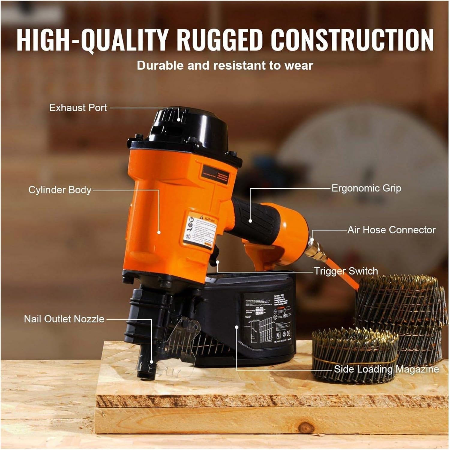 MCN70 Coil Siding Nailer, 15 Degree Pneumatic Nail Gun - 1-3/4 to 2-3/4 Inch Coil Nails for Siding, Fencing, Pallets & Woodworking