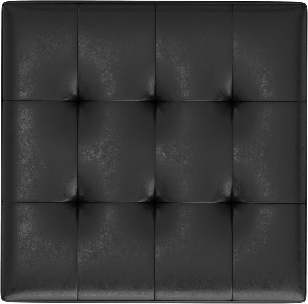 SIMPLIHOME Shay 38 inch Wide Mid Century Modern Large Square Coffee Table Storage Ottoman in Distressed Black Vegan Faux Leather, Assembled, for the Living Room and Entryway