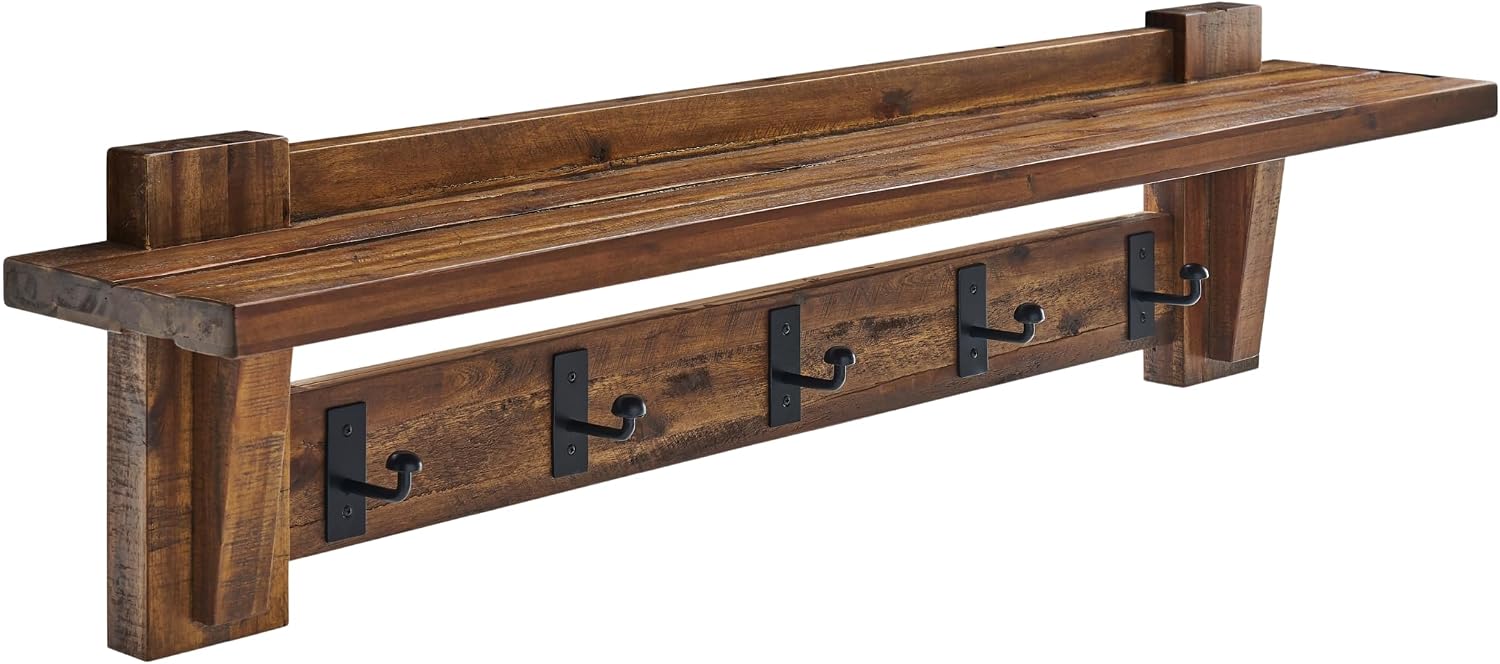 Alaterre Furniture Durango 60 Inch Solid Wood Entryway Organizer - Rustic Industrial Farmhouse Wall Mounted Coat Rack with Shelf and 5 Black Metal Hooks for Mudroom, & Living Room (Natural)