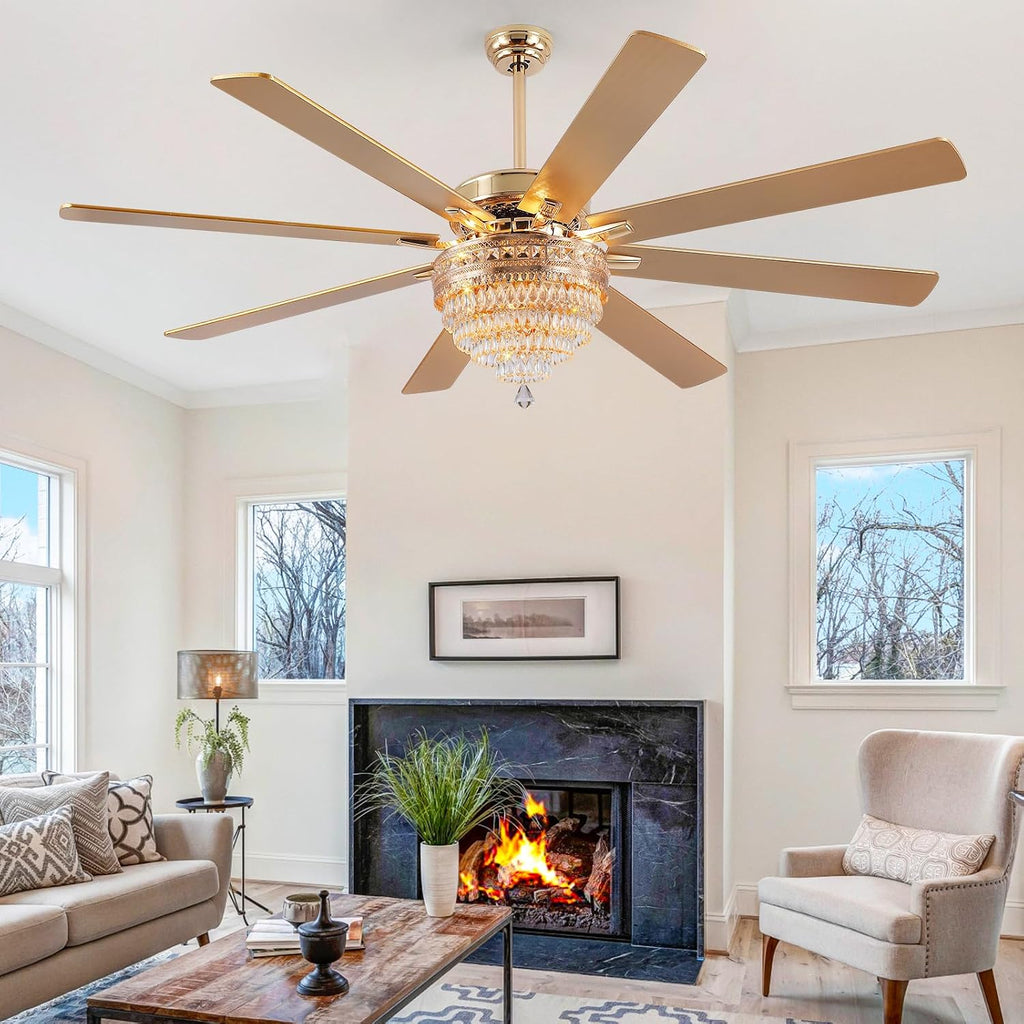 72 Inch Golden Crystal Ceiling Fan Fandelier with Lights,Large Modern Luxury Chandelier Ceiling Fans with Remote Control，Retro/Farmhouse Ceiling Fan with Light Fixture For Dining Room,Living Room