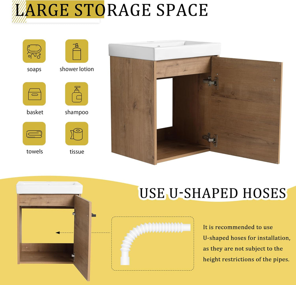 Glemab 17.31' Floating Wall-Mounted Bathroom Vanity, Bathroom Vanity with Ceramic Sink, Soft-Close Cabinet Door, Wall-Mounted Storage Cabinet with Ceramic Sink, Oak