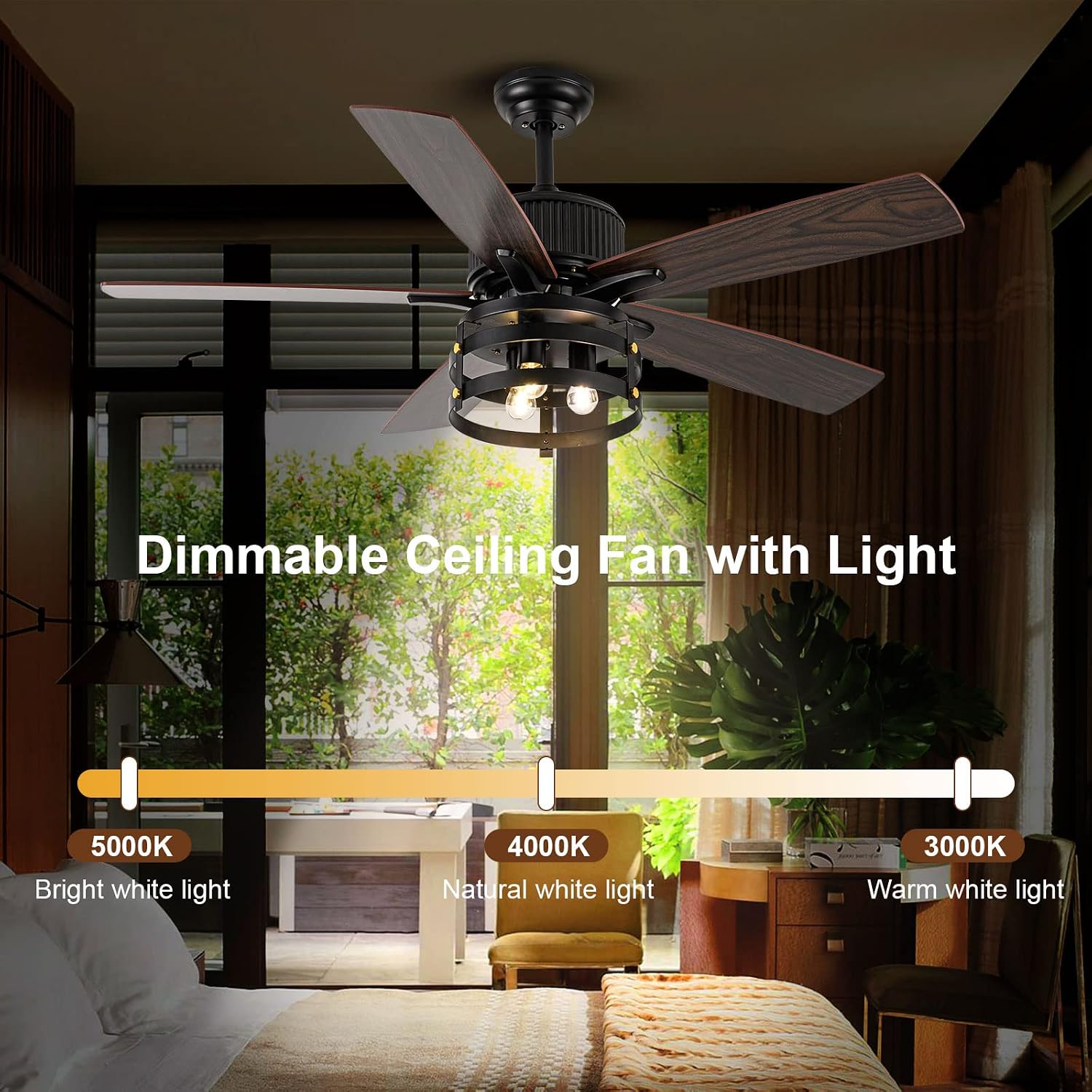 Farmhouse Rustic Ceiling Fans With Lights and Remote, Outdoor Ceiling Fan For Patios With Light, 52 In Flush Mount Ceiling Fan 5 Blade Dual Finish, Reversible DC Quiet Motor for indoor/outdoor