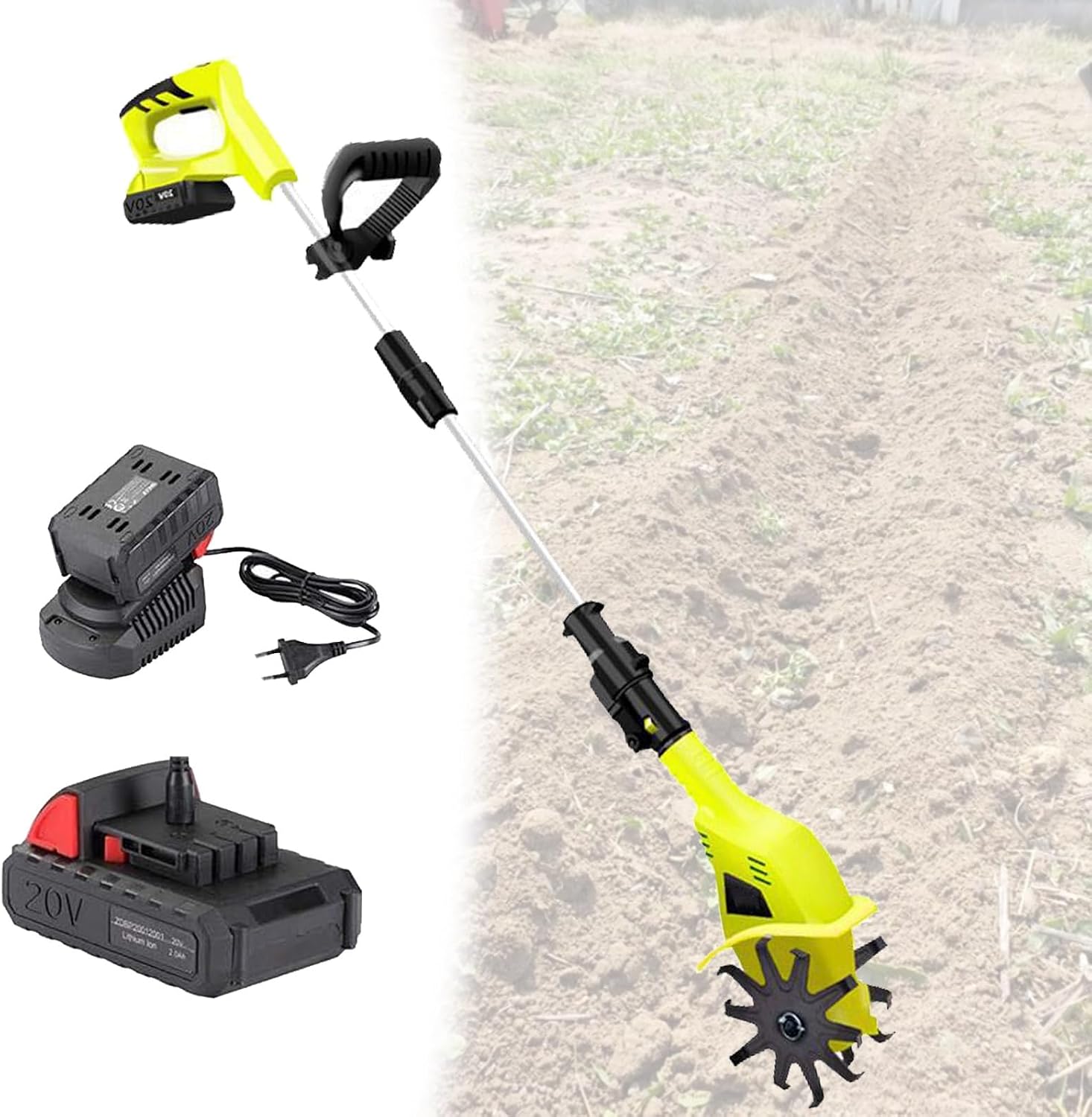 Cordless Garden Rotavator - Electric Cultivator Tiller Kit for Lawn/Gardening/Soil Cultivation - wtih 2×4000 mAh Rechargeable Battery and Charger