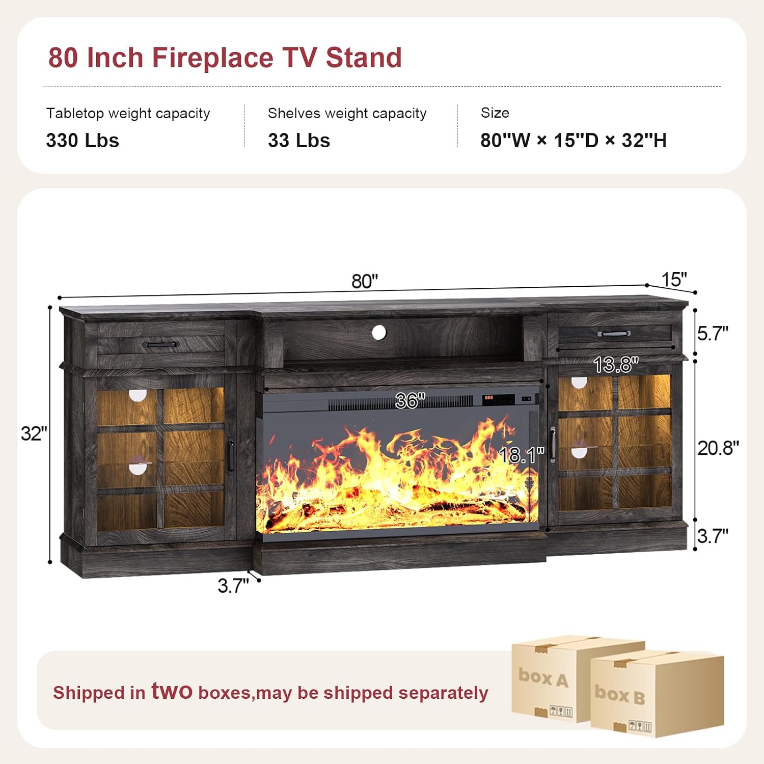 MXV 80' Fireplace TV Stand, 3-Sided Glass Fireplace and Modern Entertainment Center, Wooden Media Console with Glass Doors & Storage Drawers, LED Light, for Living Room, Grey
