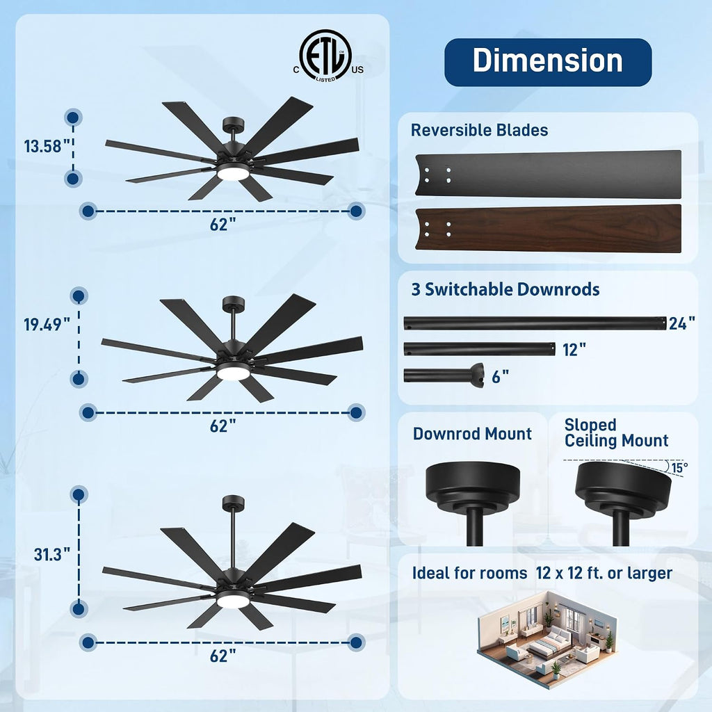 62 Inch Ceiling Fans with Lights and Remote Control, Low Profile & Downrod Mount 8-Blade Modern Black Ceiling Fan, 3CCT Dimmable LED Light, Quiet DC Motor for Bedroom Living Room, ETL Listed