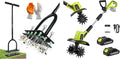 Saker Cordless Garden Tiller & Manual Lawn Aerator Tool Set, 22V Electric Rototiller Cultivator with 2 Batteries, 9' Width 6.3' Depth + 15-Spike Heavy Duty Lawn Aerator for Soil Preparation, Lawn Care