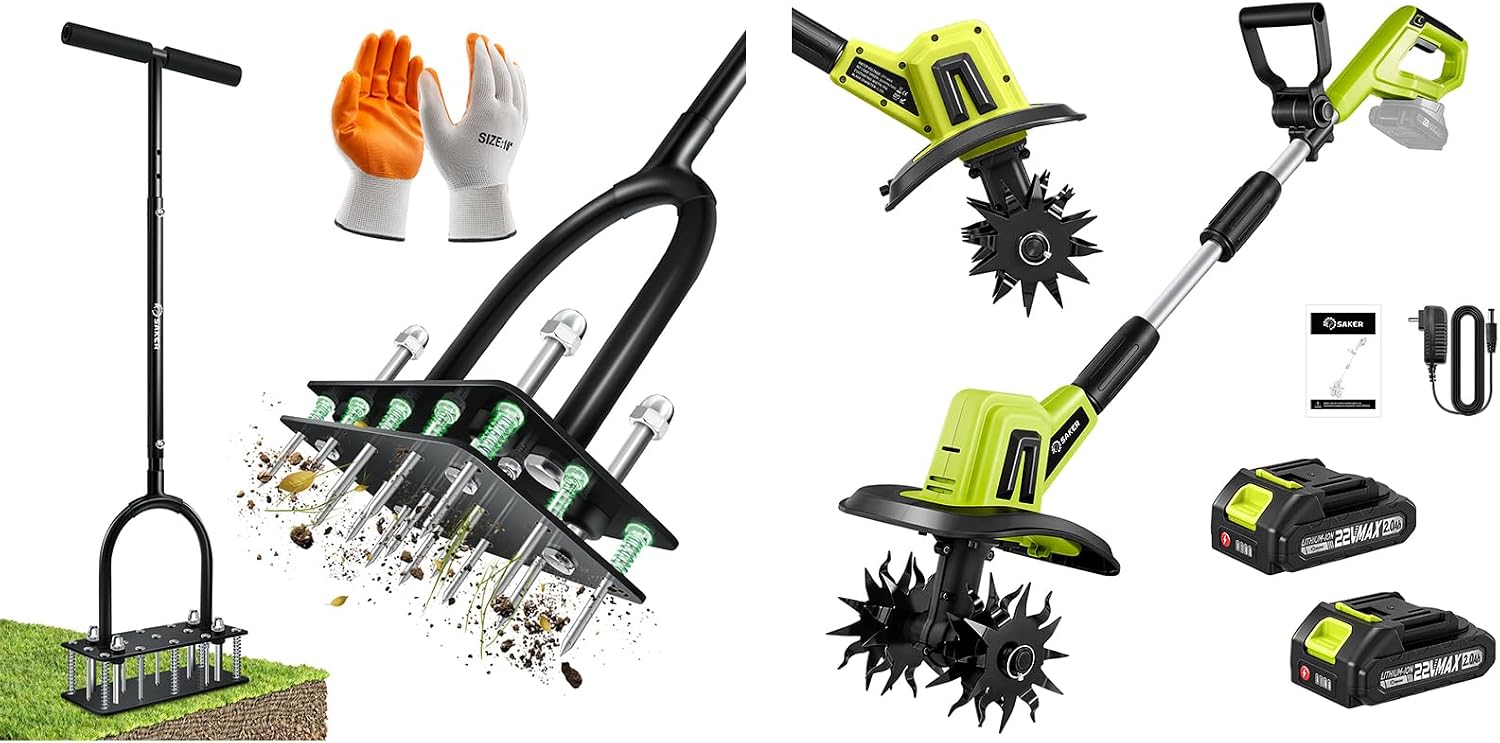 Saker Cordless Garden Tiller & Manual Lawn Aerator Tool Set, 22V Electric Rototiller Cultivator with 2 Batteries, 9' Width 6.3' Depth + 15-Spike Heavy Duty Lawn Aerator for Soil Preparation, Lawn Care