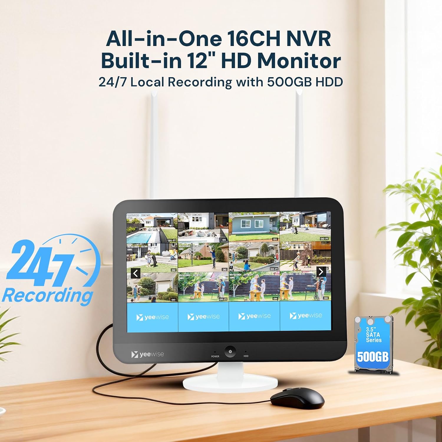 yeewise Triple Lens Wireless Security Camera System with 12' Monitor, 180° Wide View + 360° PTZ AI Tracking, WiFi 6, 16CH NVR, 24/7 Recording, 500GB HDD, No Monthly Fee, Plug-in Power