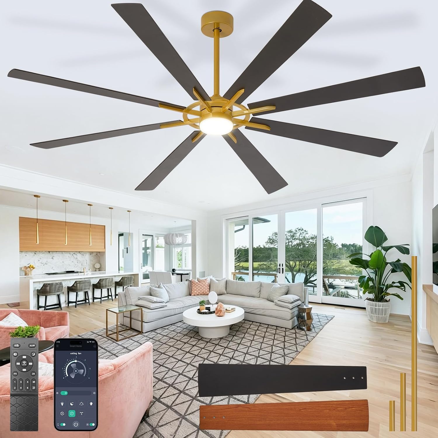 Large Ceiling Fans with Lights: Modern 84 Inch 8 Blade Outdoor Ceiling Fan with Remote APP Control - Dimmable Big Fan Light Indoor Reversible 6 Speed Quiet DC Motor - Brass