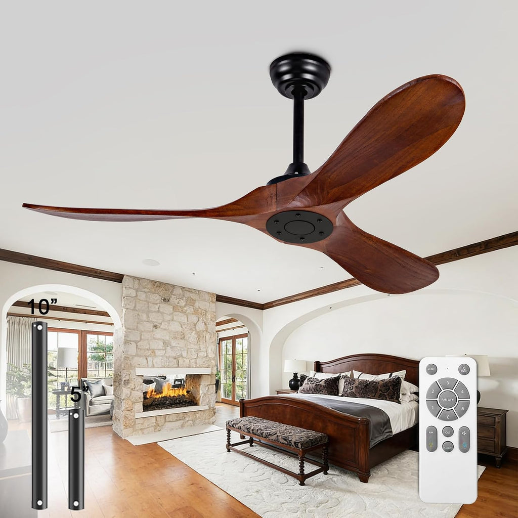52-inch Ceiling Fan Without Light, with Remote Control, Reversible DC Motor, with 3 Solid Wood Blades, for Patio, Living Room, Bedroom, Farmhouse (Black + Walnut)