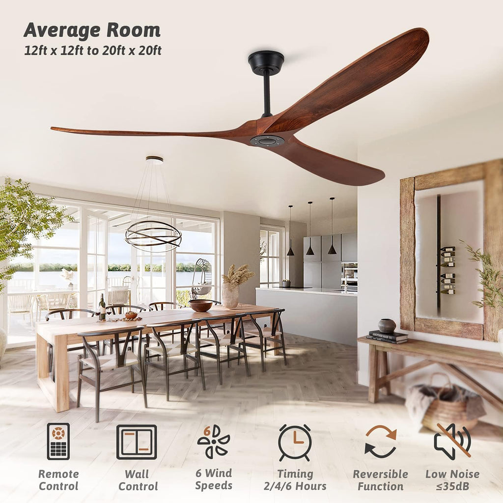 60'' Walnut Ceiling Fan with 3 Wood Blades, 6 Speeds Smart Timing Reversible DC Motor, Modern Black Fan for Indoor/Outdoor Farmhouse/Patios