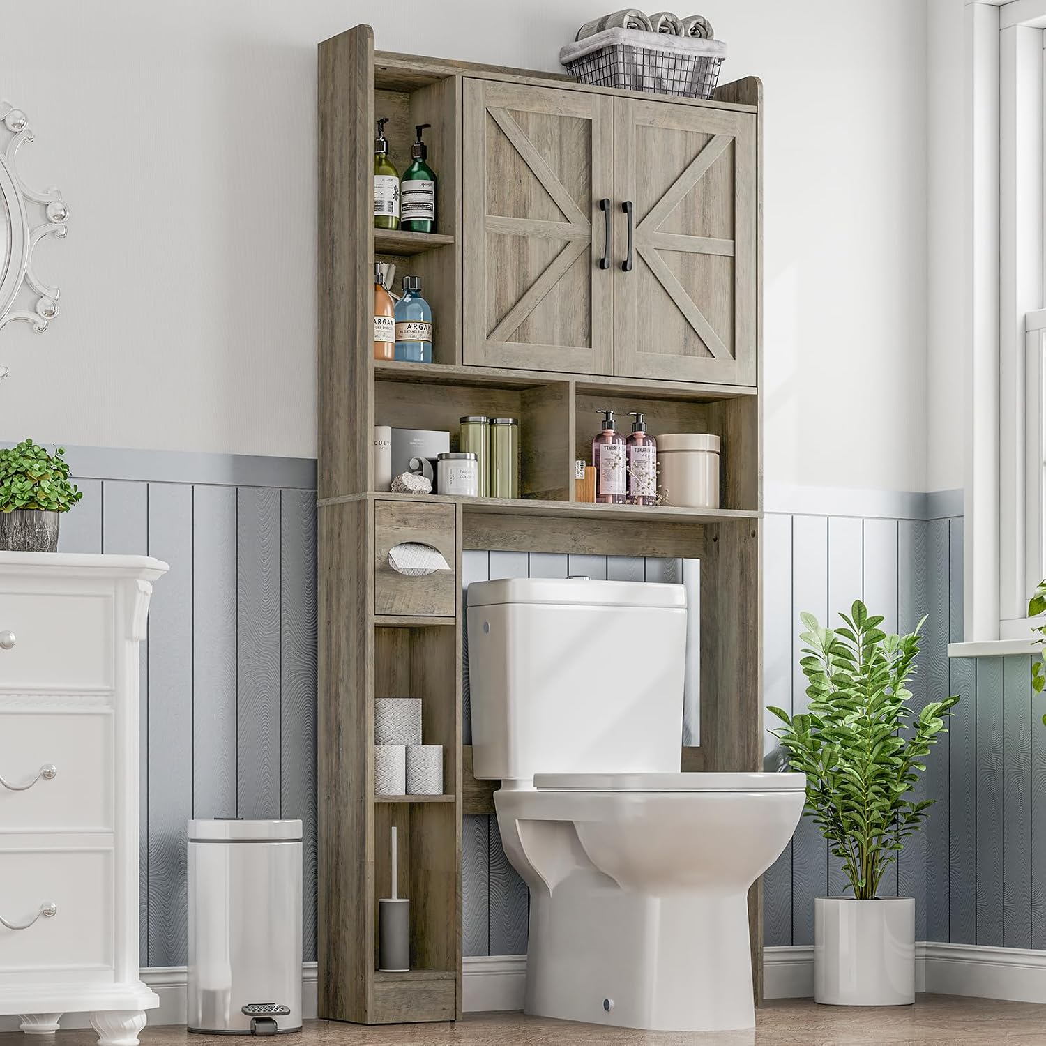 Vabches Over The Toilet Storage Cabinet, Farmhouse Storage Cabinet Over Toilet with 2 Barn Door & Toilet Paper Holder Stand, Home Space-Saving Rack, for Bathroom, Restroom (Grey).
