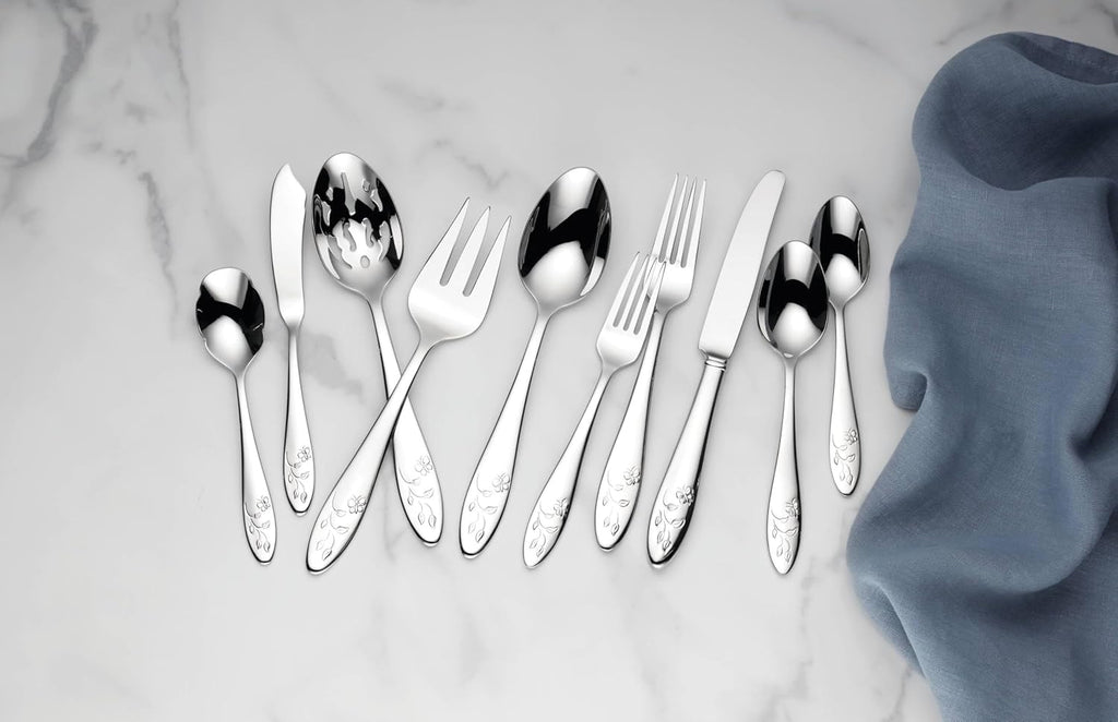 Lenox Silverware Set For 12, Butterfly Meadow 65-Piece Flatware Set, Service For 12, 18/10 Stainless Steel, Dishwasher Safe, Butterfly and Flower Motif, Includes Serving Utensils (Silver, 65 Piece)