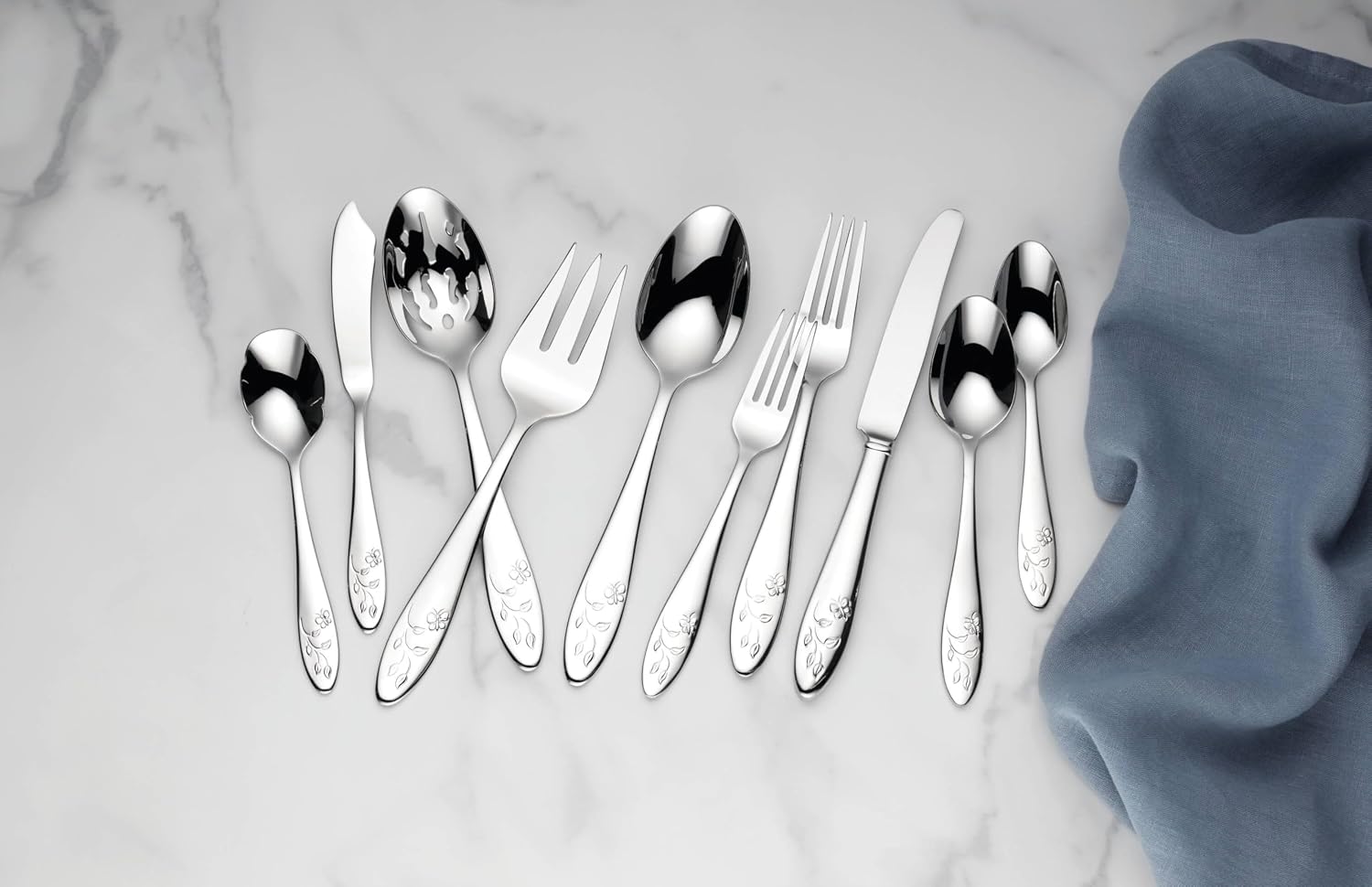 Lenox Silverware Set For 12, Butterfly Meadow 65-Piece Flatware Set, Service For 12, 18/10 Stainless Steel, Dishwasher Safe, Butterfly and Flower Motif, Includes Serving Utensils (Silver, 65 Piece)