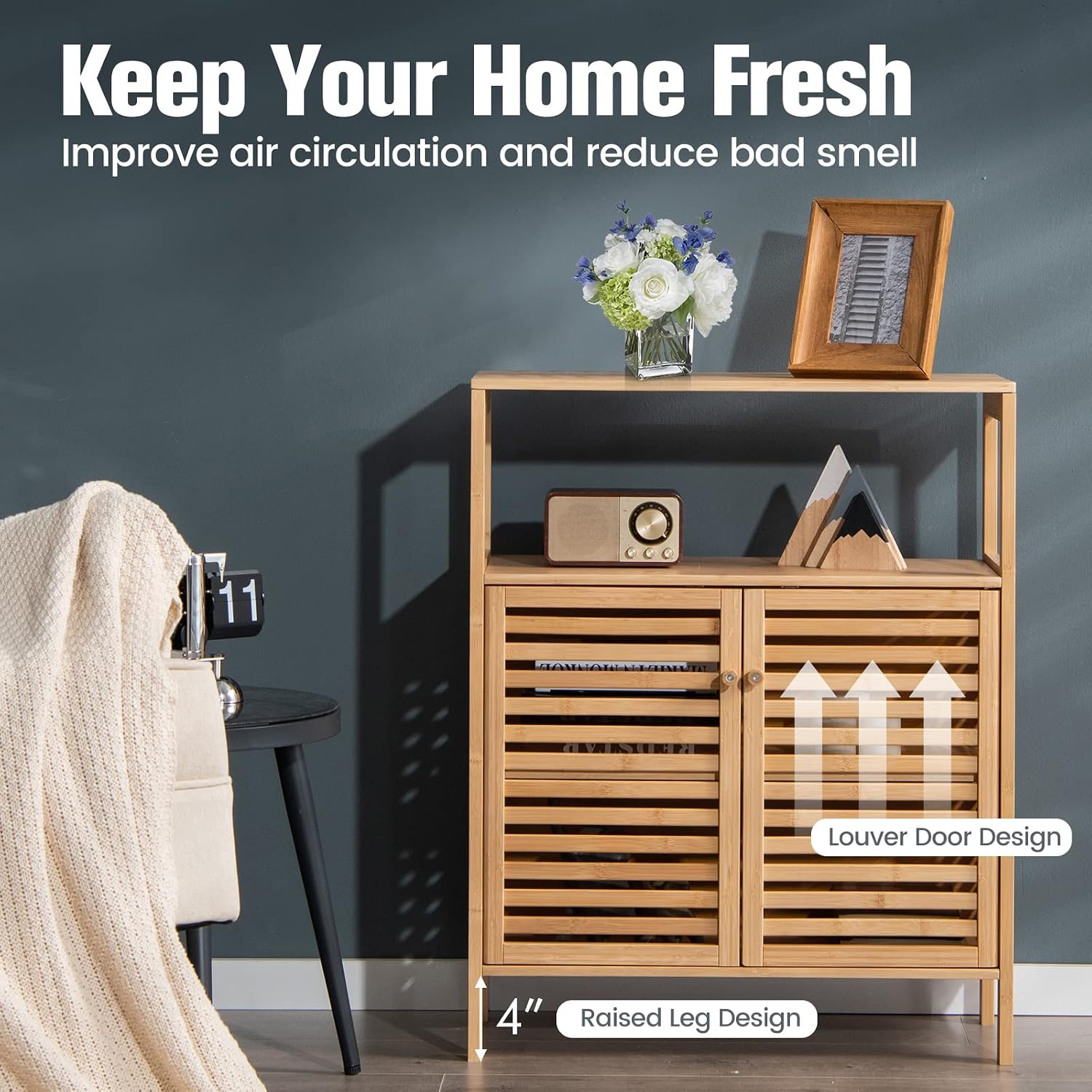 LDAILY LUARANE Storage Cabinet, Bamboo Cabinet w/ 2 Louvered Doors & Open Shelf, Bathroom Storage Cabinet for Living Room, Home Office, Kitchen, Natural