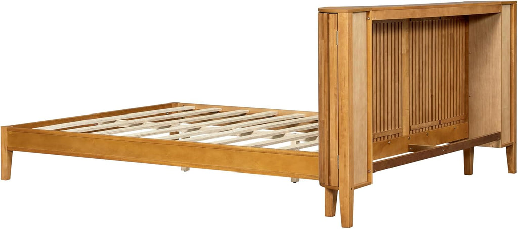 Christopher Knight Home Renata Queen Bed Frame with Grace Slat Headboard, Platform Bed with Side Cabinets, Wood Bed Frame Queen Size, Solid Stable Bedframe, No Box Spring Needed, Noise Free, Natural